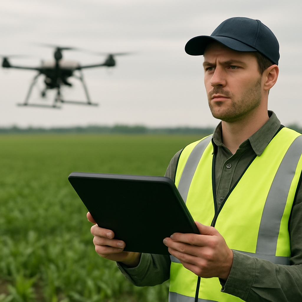 Certified drone operator with a control tablet in the field