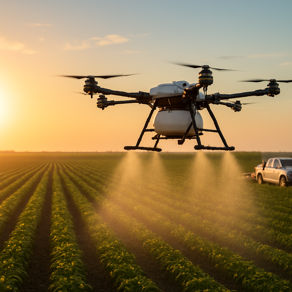 Agricultural drone spraying lush Canadian crop fields at golden-hour sunrise
